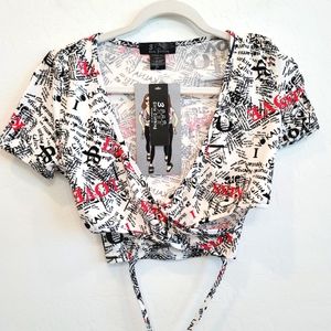 NWT 3 Girls Clothing Newspaper Print Wrap Cropped Top Women's Size Medium